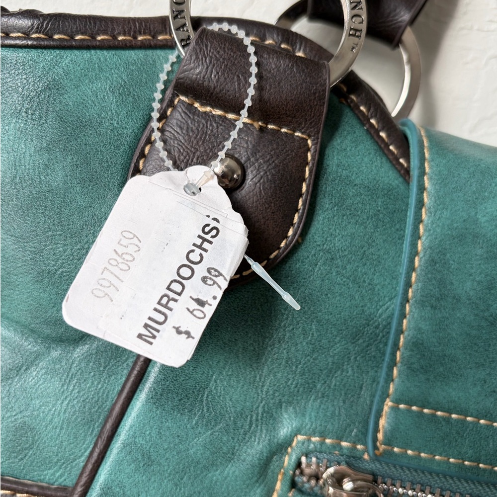Trinity Ranch Western Studded Fringe Tote Teal Brown Leather NWT - Picture 9 of 16